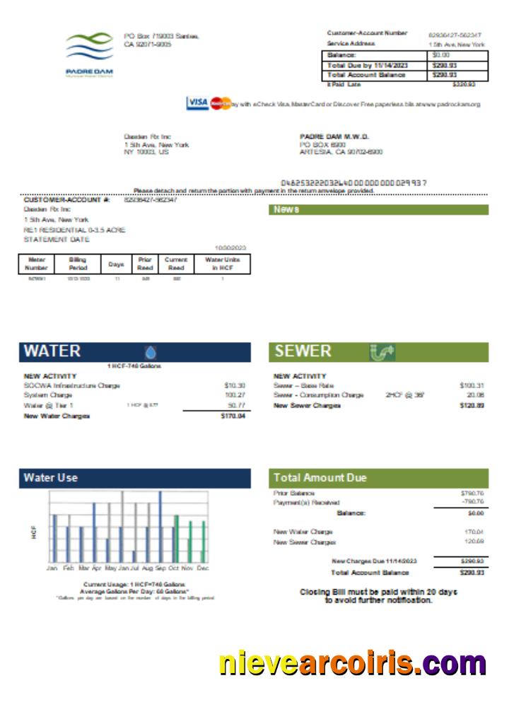 Padre Dam Municipal Water District utility business bill